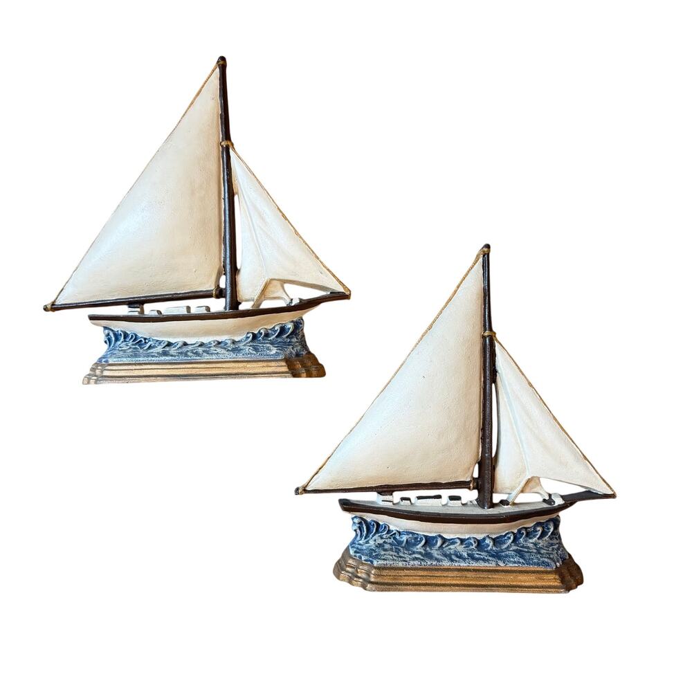 Vintage Cast Iron Sailboats Nautical Coastal Decor Door Stops Bookends Set of 2